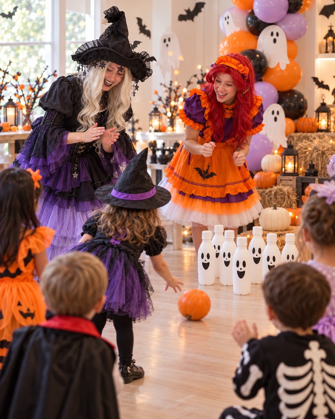A little girl in a witch hat rolls a pumpkin at ghost-face bowling pins as two witches cheer