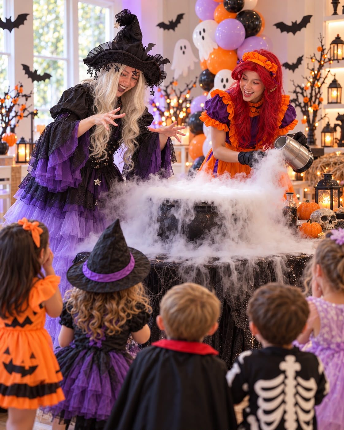 Two witches pour liquid nitrogen into a smoking cauldron while kids in costumes watch