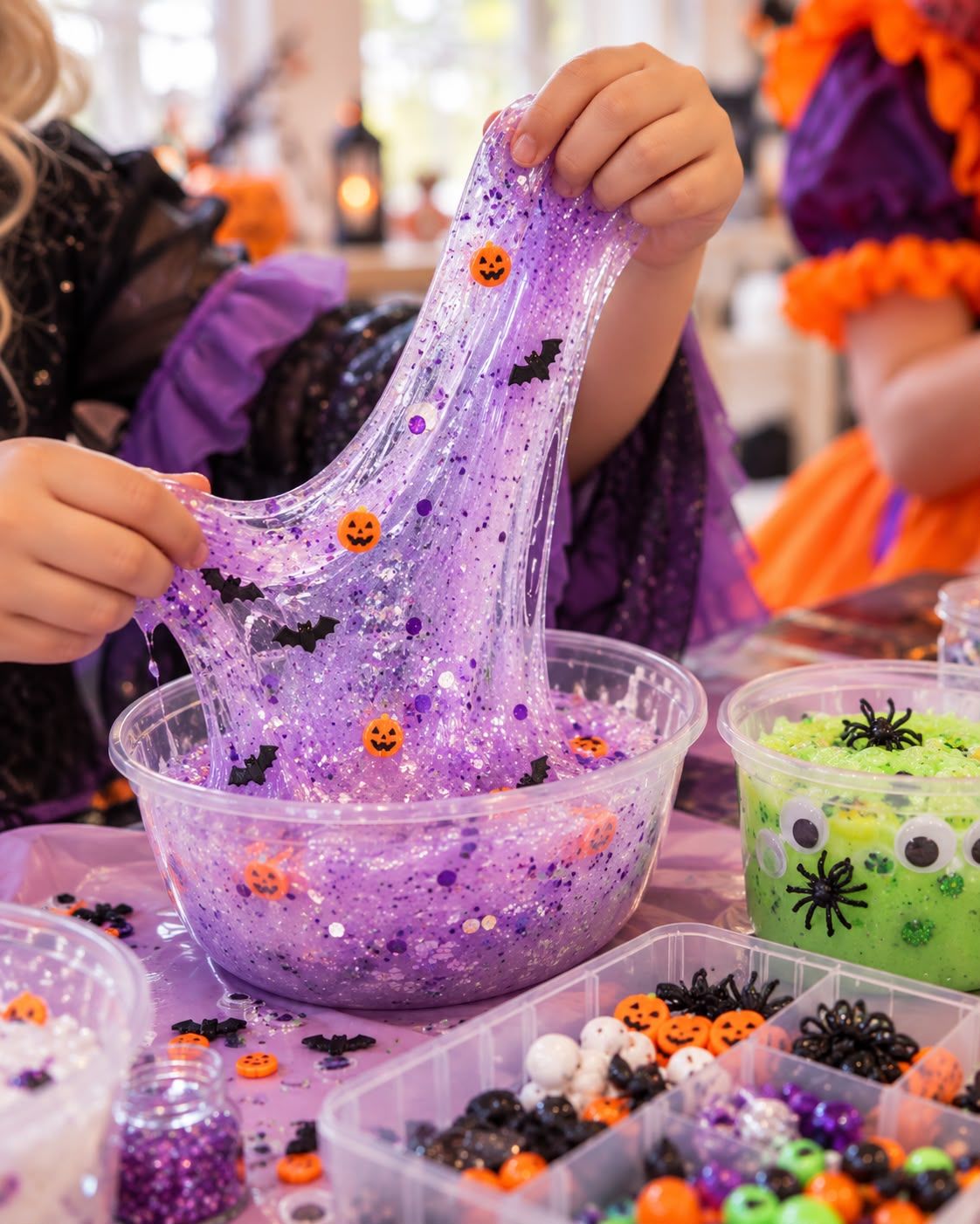 A child stretches sparkly purple slime filled with tiny pumpkins and bats over a bowl